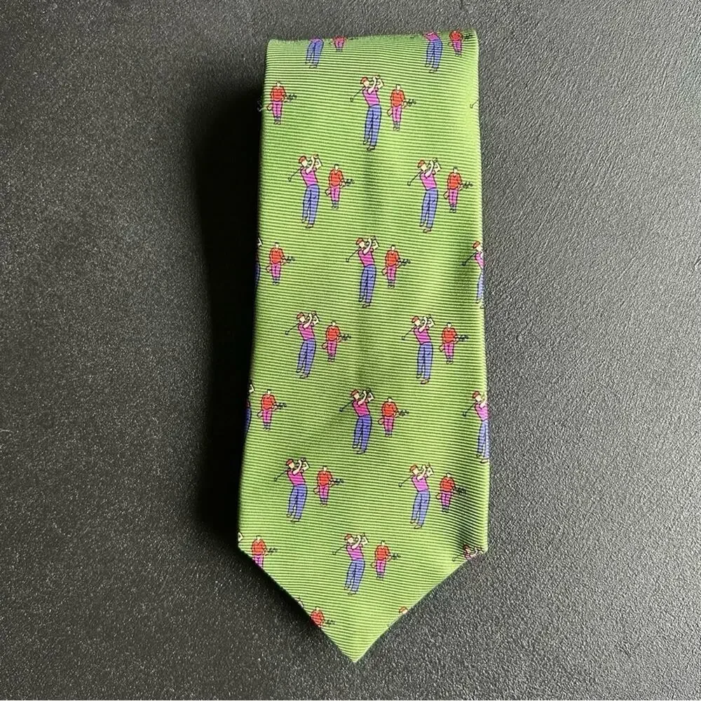 Polo by Ralph Lauren 100% Silk Handmade Tie, Green with Golfers